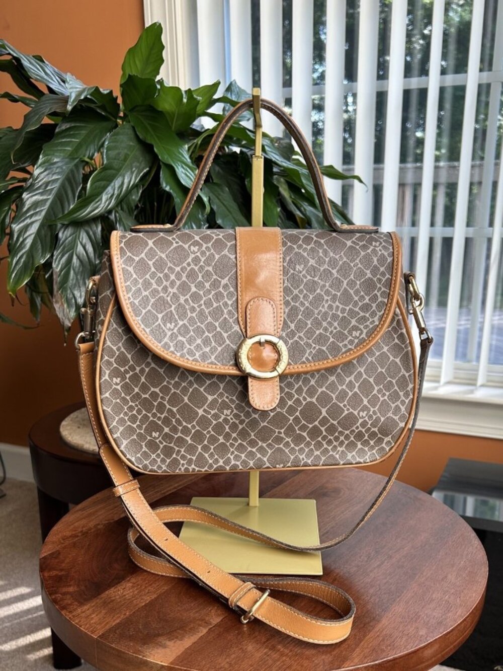 NINA RICCI Two Way Satchel Shoulder Bag, Gray, Camel Tan